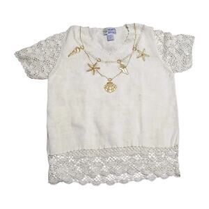 Paradise Bay Misses Top M Knit Crochet Trim Seashell Starfish Beachy Nautical
